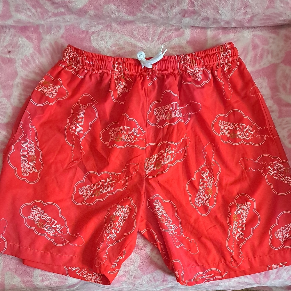 Essentials Red Logo-Print Swim Trunks